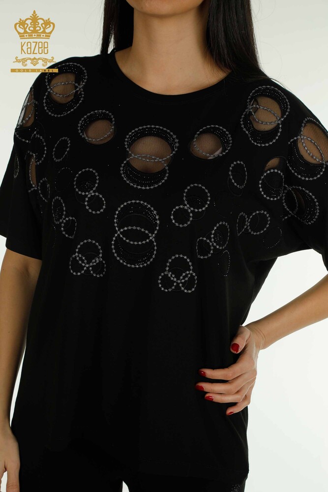 Wholesale Women's Blouse - Short Sleeve - Patterned - Black - 79094 | KAZEE - 2