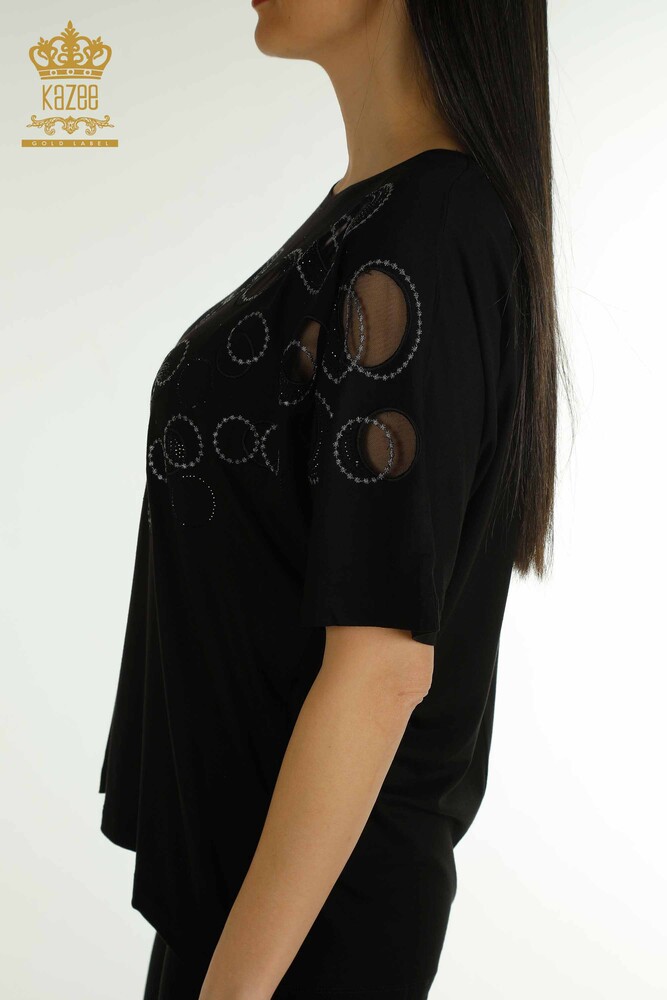 Wholesale Women's Blouse - Short Sleeve - Patterned - Black - 79094 | KAZEE - 7