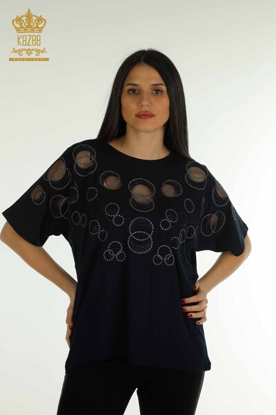 Wholesale Women's Blouse - Short Sleeve - Patterned - Navy Blue - 79094 | KAZEE - 1