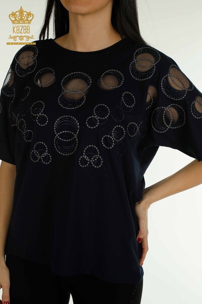 Wholesale Women's Blouse - Short Sleeve - Patterned - Navy Blue - 79094 | KAZEE - 2