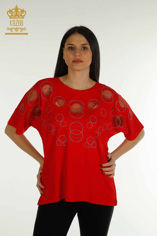 Wholesale Women's Blouse - Short Sleeve - Patterned - Red - 79094 | KAZEE - 1