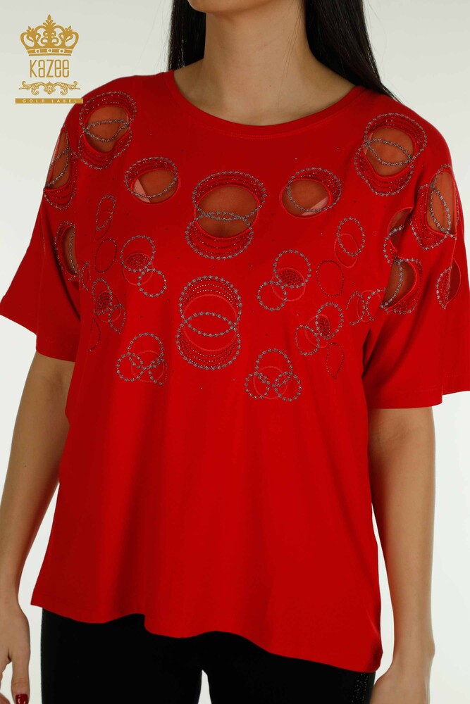 Wholesale Women's Blouse - Short Sleeve - Patterned - Red - 79094 | KAZEE - 2