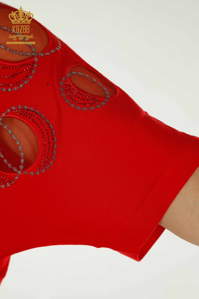 Wholesale Women's Blouse - Short Sleeve - Patterned - Red - 79094 | KAZEE - 6