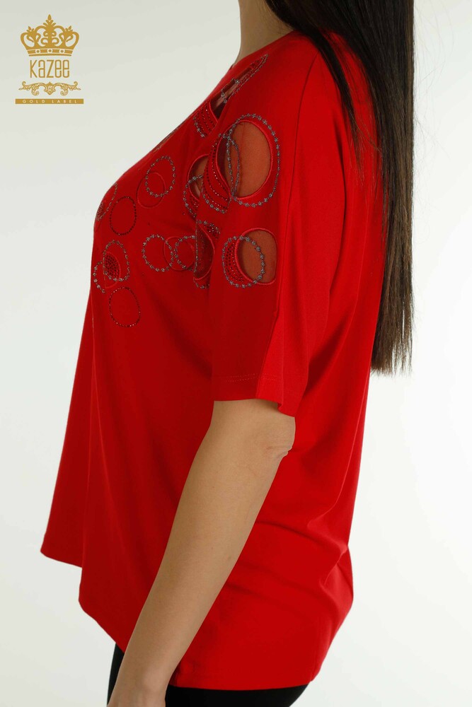 Wholesale Women's Blouse - Short Sleeve - Patterned - Red - 79094 | KAZEE - 7