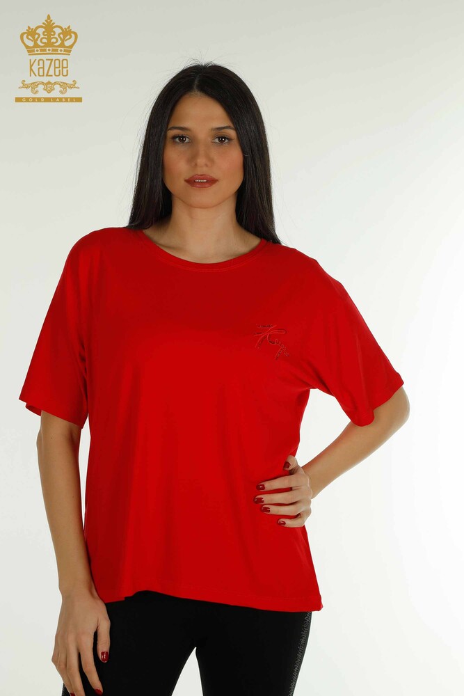 Wholesale Women's Blouse Short Sleeve Red - 79302 | KAZEE - 1