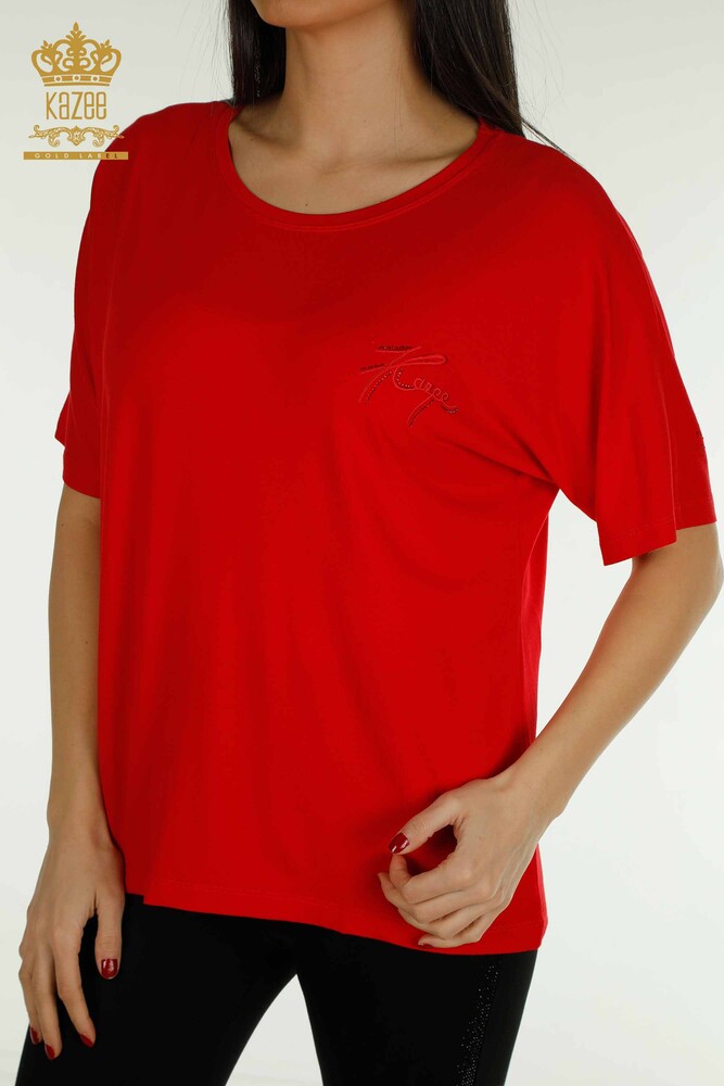 Wholesale Women's Blouse Short Sleeve Red - 79302 | KAZEE - 2