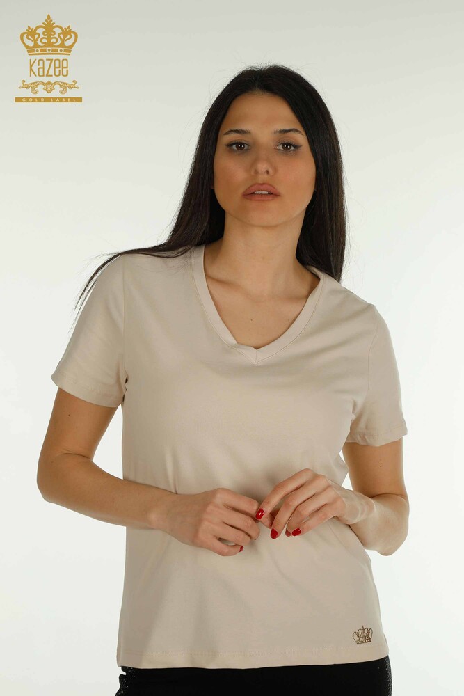 Wholesale Women's Blouse Short Sleeve Light Beige - 79561 | KAZEE - 1