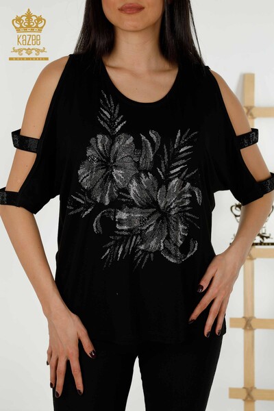 Wholesale Women's Blouse - Shoulder Detailed - Black - 79289 | KAZEE - 2