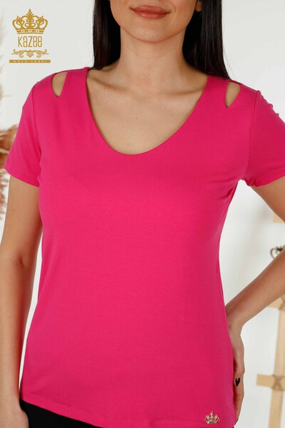 Wholesale Women's Blouse - Shoulder Detailed - Fuchsia - 79220 | KAZEE - 2