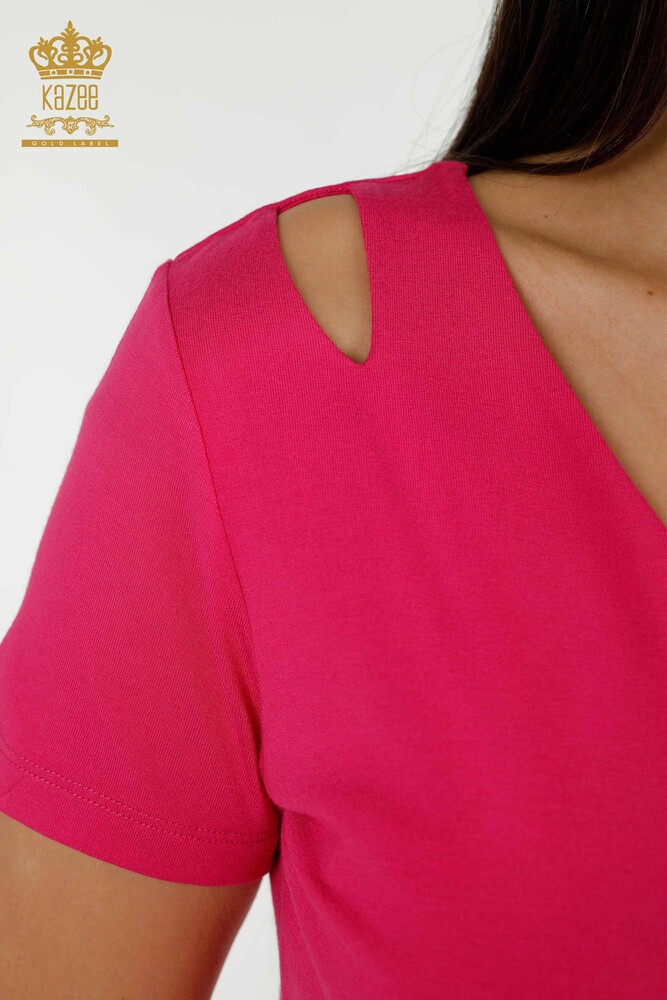 Wholesale Women's Blouse - Shoulder Detailed - Fuchsia - 79220 | KAZEE - 4