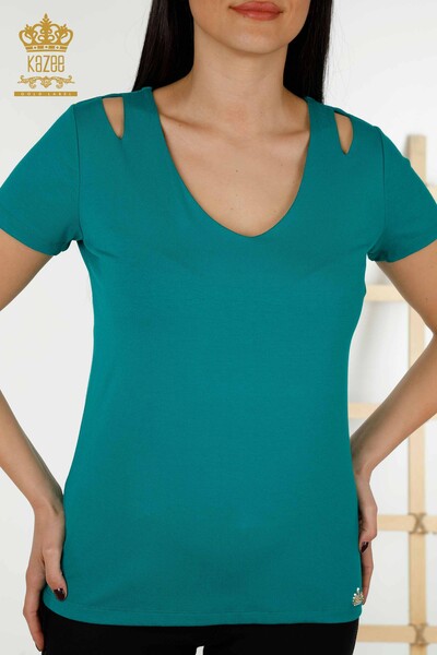 Wholesale Women's Blouse Shoulder Detailed Green - 79220 | KAZEE - 3