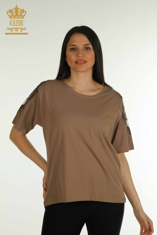 Wholesale Women's Blouse Shoulder Tulle Detailed Brown - 79553 | KAZEE - 1