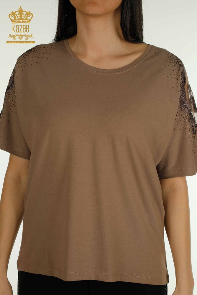 Wholesale Women's Blouse Shoulder Tulle Detailed Brown - 79553 | KAZEE - 2