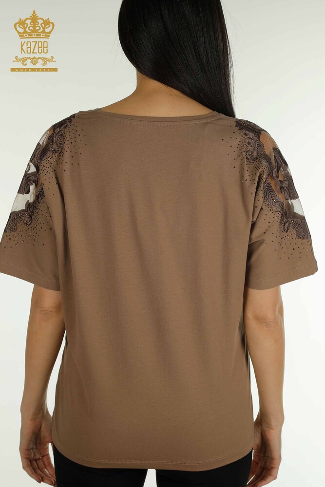 Wholesale Women's Blouse Shoulder Tulle Detailed Brown - 79553 | KAZEE - 7