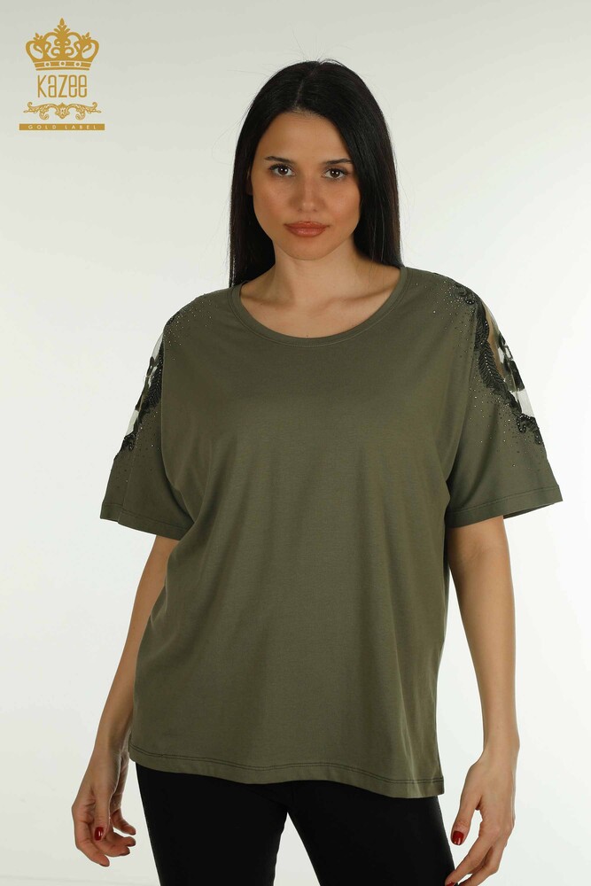 Wholesale Women's Blouse Shoulder Tulle Detailed Khaki - 79553 | KAZEE - 1