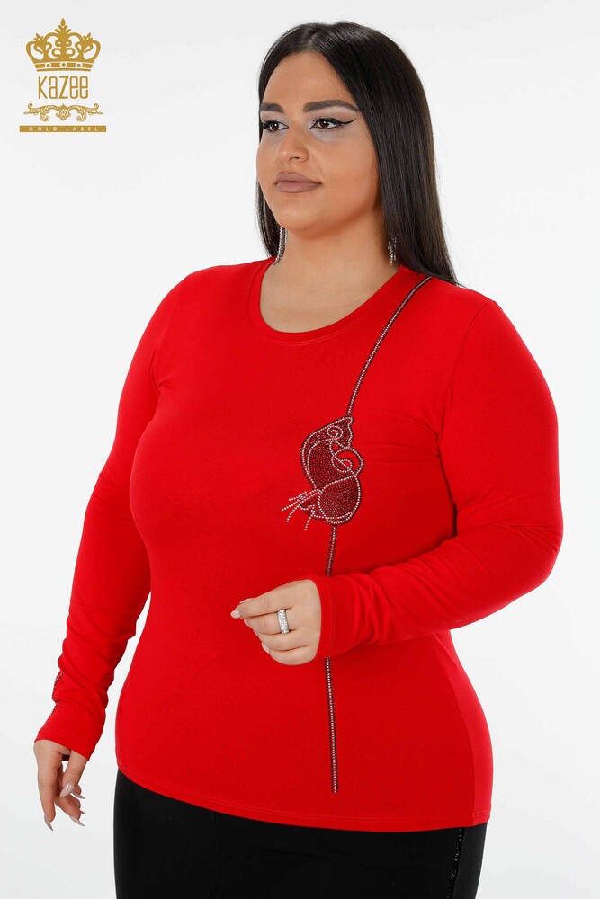 Wholesale Women's Blouse Stone Embroidered Crew Neck Red - 79000 | KAZEE - 1