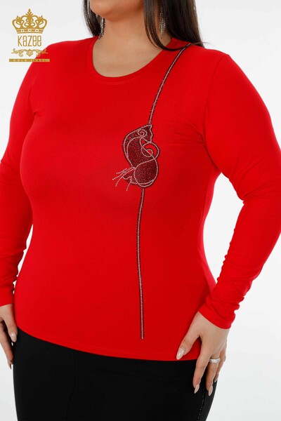 Wholesale Women's Blouse Stone Embroidered Crew Neck Red - 79000 | KAZEE - 2