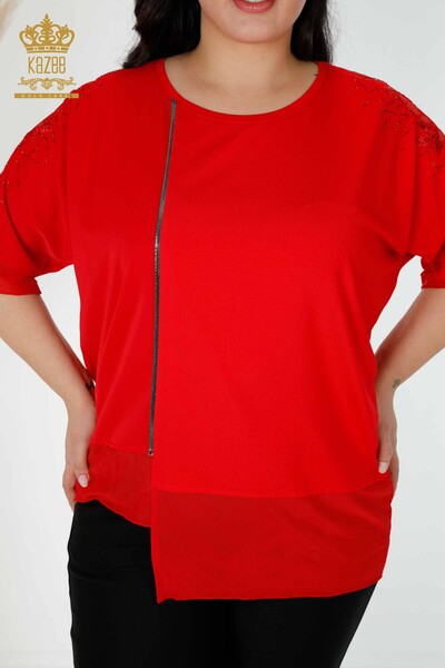 Wholesale Women's Blouse Stone Embroidered Crew Neck Red - 79033 | KAZEE - Thumbnail