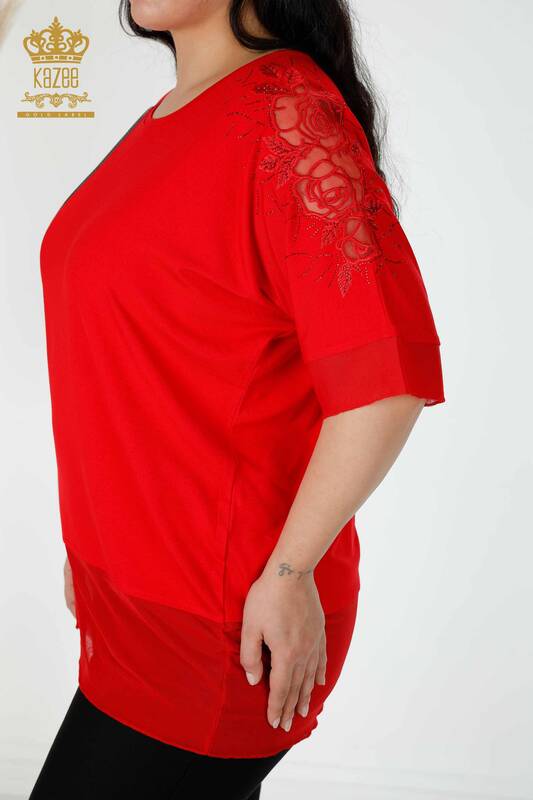 Wholesale Women's Blouse Stone Embroidered Crew Neck Red - 79033 | KAZEE