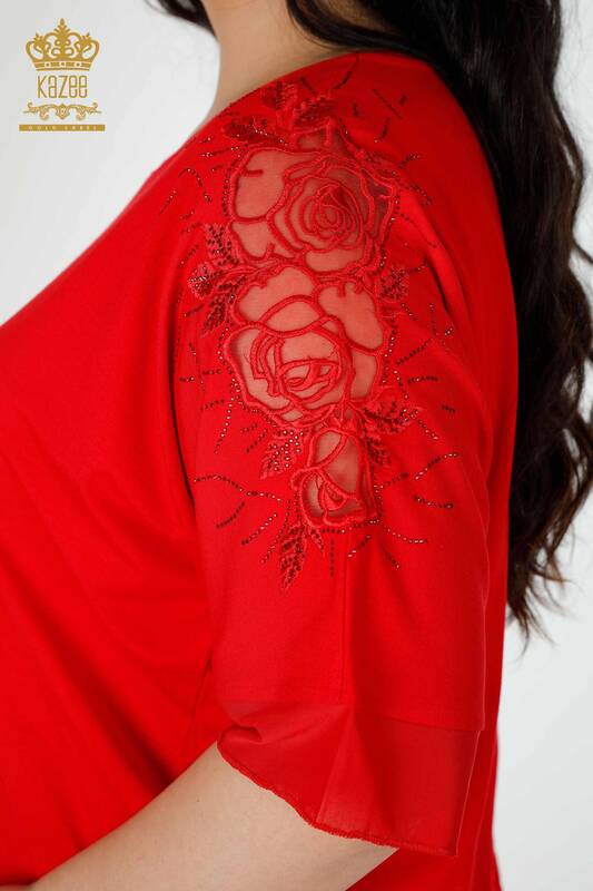 Wholesale Women's Blouse Stone Embroidered Crew Neck Red - 79033 | KAZEE