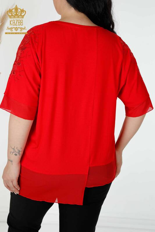 Wholesale Women's Blouse Stone Embroidered Crew Neck Red - 79033 | KAZEE