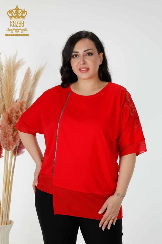 Wholesale Women's Blouse Stone Embroidered Crew Neck Red - 79033 | KAZEE