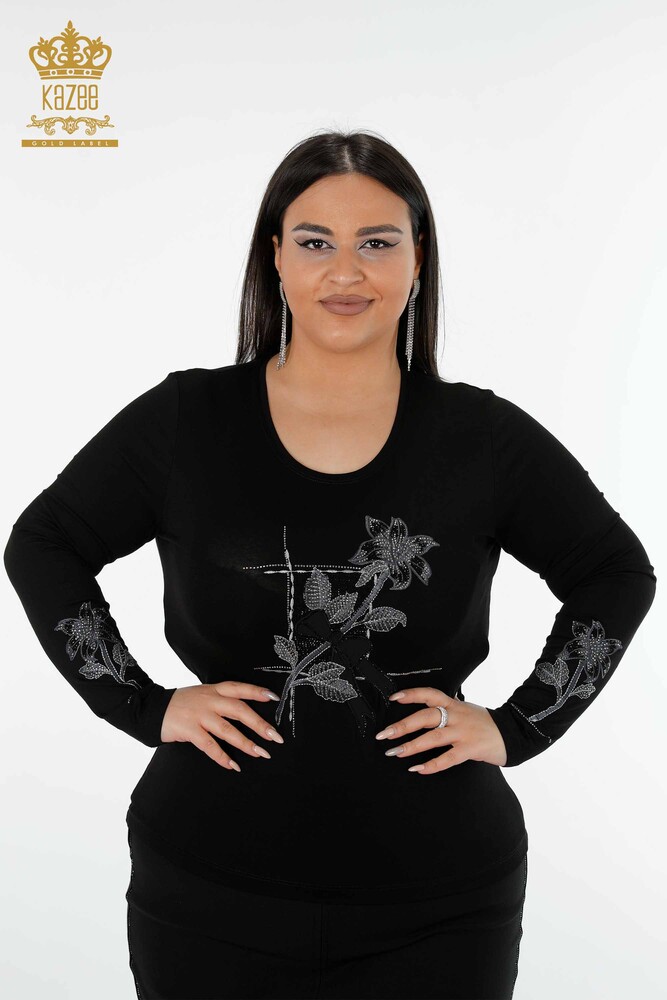 Wholesale Women's Blouse Stone Embroidered Black - 79011 | KAZEE - 1