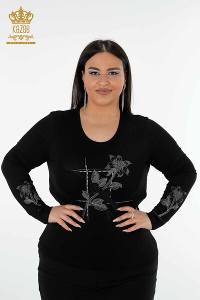 Wholesale Women's Blouse Stone Embroidered Black - 79011 | KAZEE 