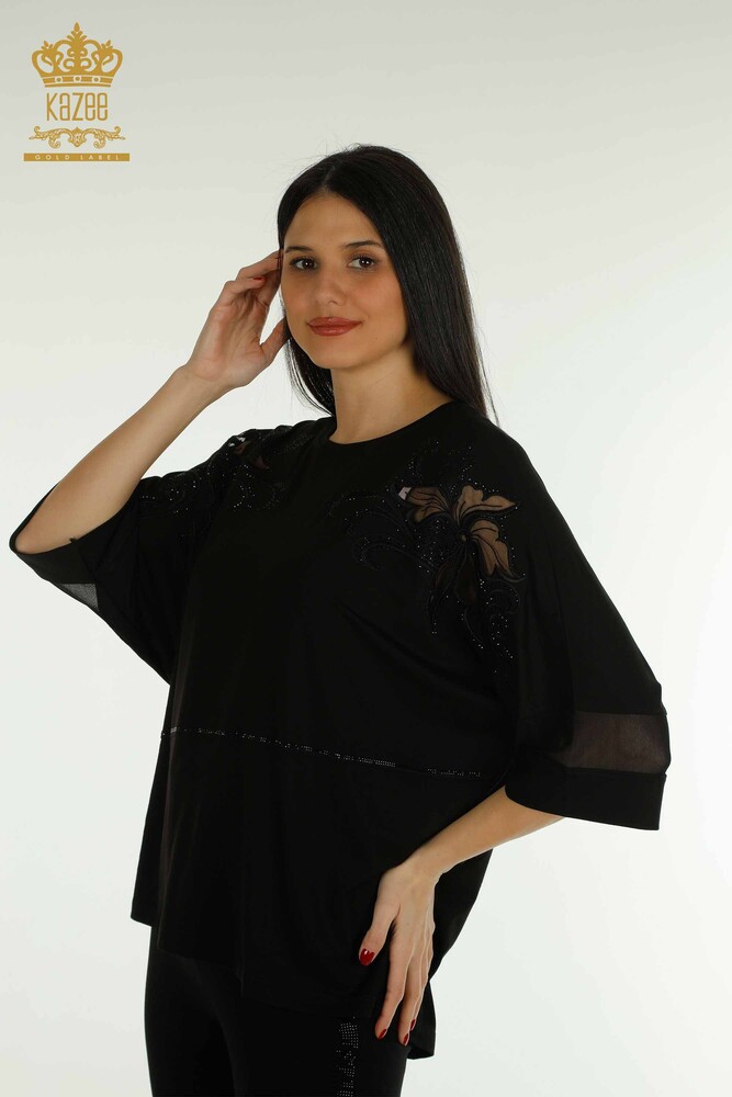 Wholesale Women's Blouse - Stone Embroidered - Black - 79057 | KAZEE - 1