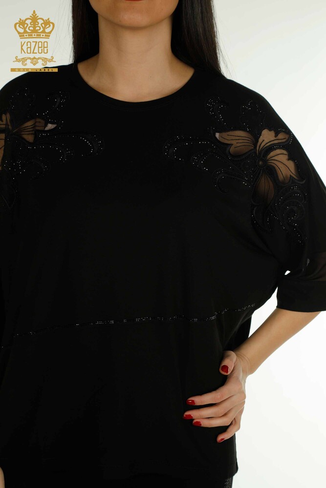 Wholesale Women's Blouse - Stone Embroidered - Black - 79057 | KAZEE - 2