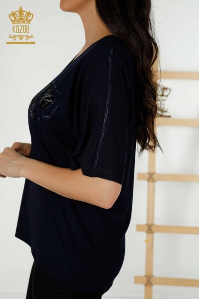 Wholesale Women's Blouse - Stone Embroidered - Navy Blue - 77487 | KAZEE - 6