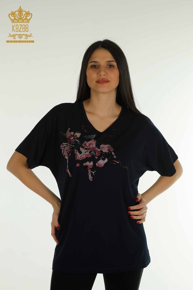 Wholesale Women's Blouse - Stone Embroidered - Navy Blue - 79107 | KAZEE - 1