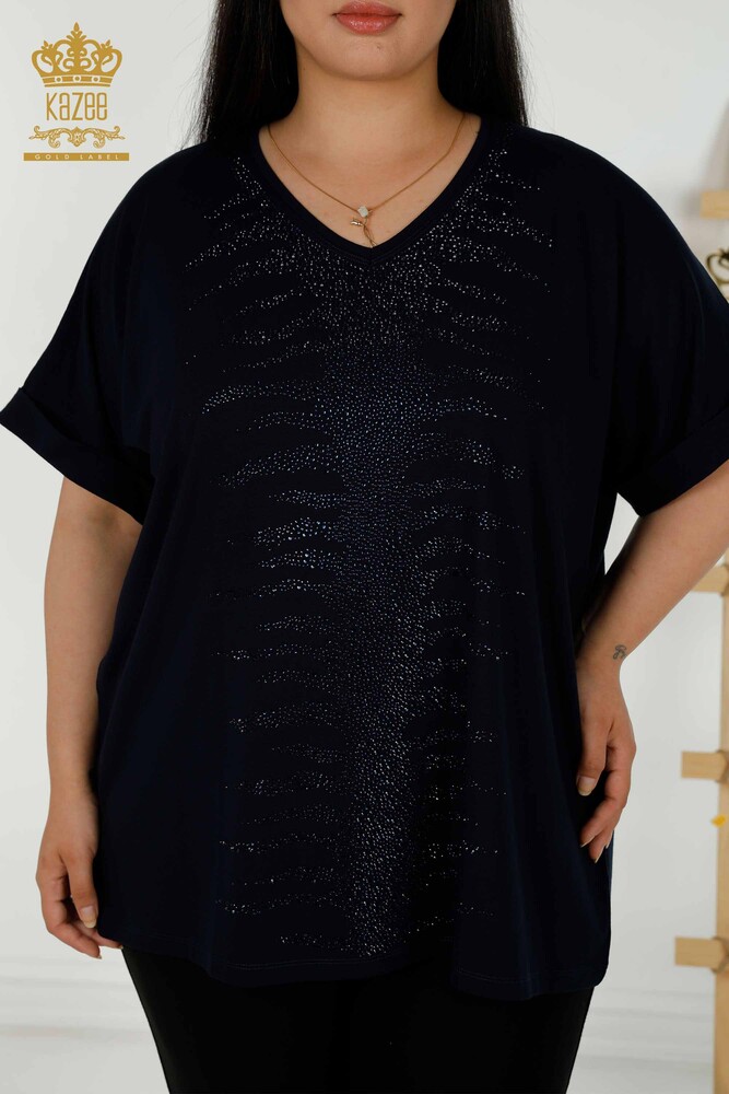 Wholesale Women's Blouse - Stone Embroidered - Navy Blue - 79321 | KAZEE - 2