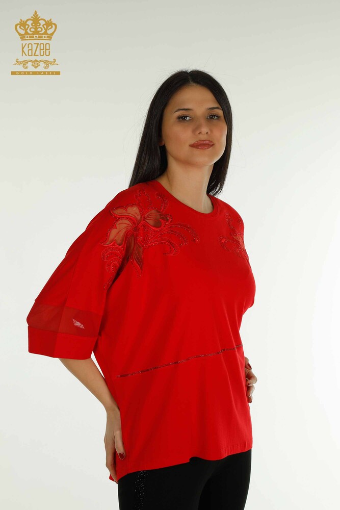 Wholesale Women's Blouse - Stone Embroidered - Red - 79057 | KAZEE - 1