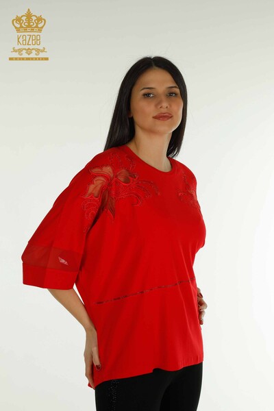 Wholesale Women's Blouse - Stone Embroidered - Red - 79057 | KAZEE 