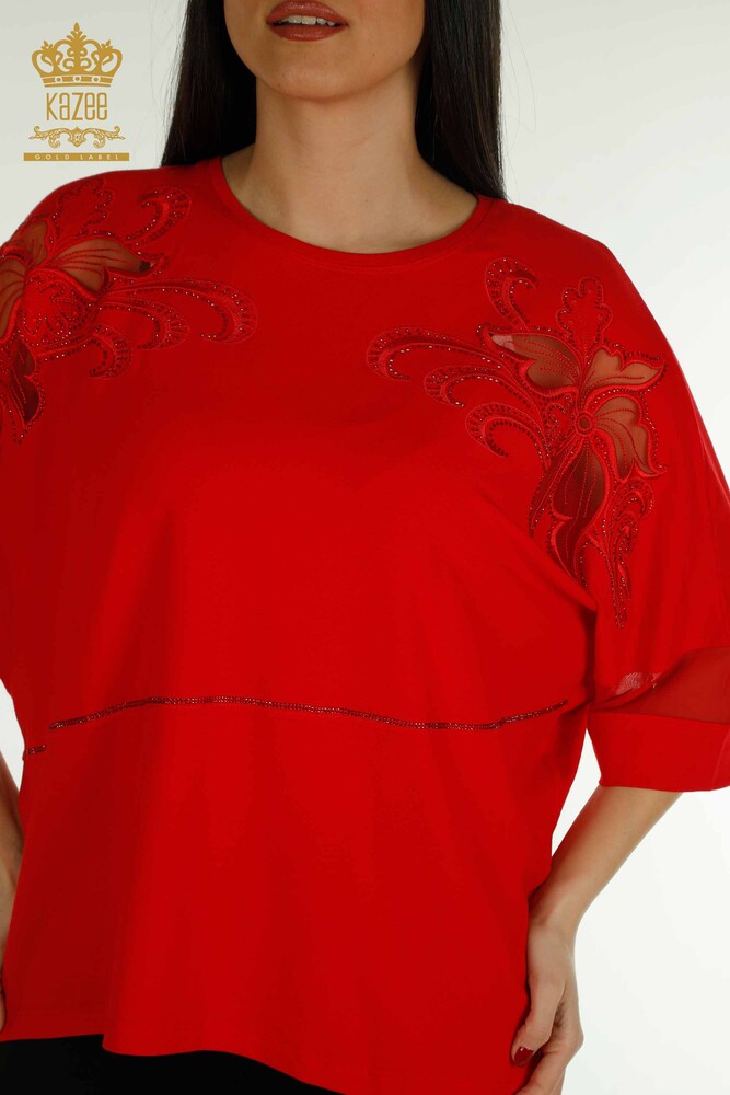 Wholesale Women's Blouse - Stone Embroidered - Red - 79057 | KAZEE - 2