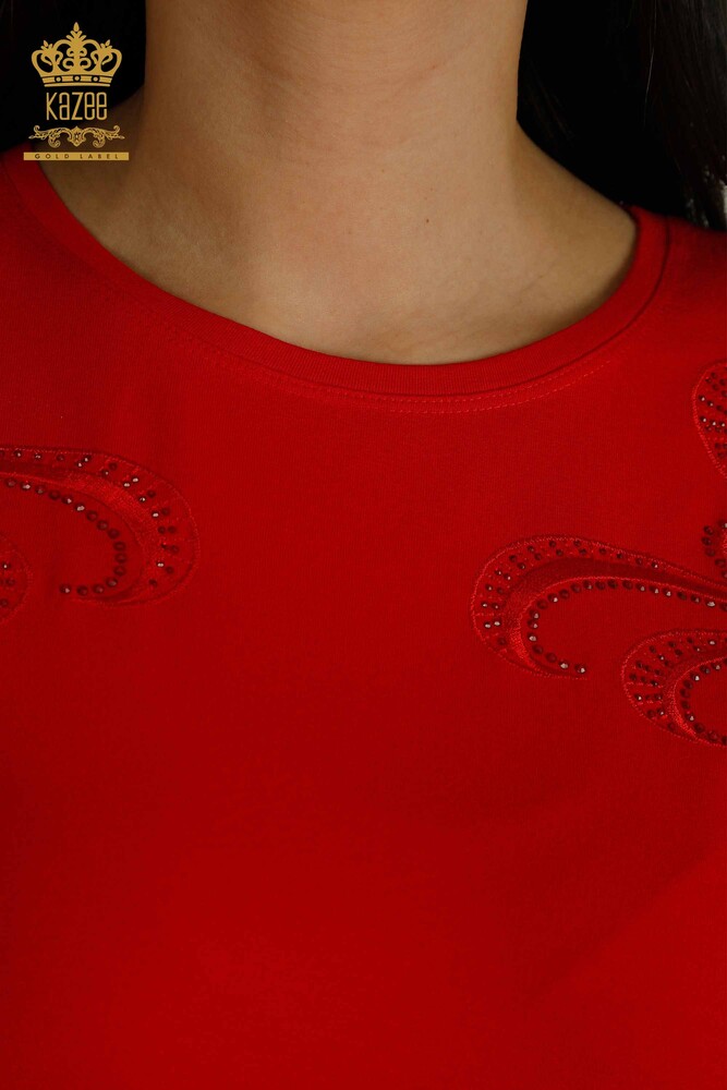 Wholesale Women's Blouse - Stone Embroidered - Red - 79057 | KAZEE - 3