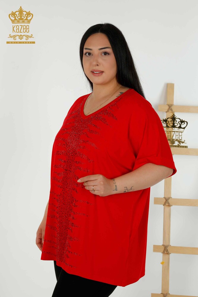 Wholesale Women's Blouse - Stone Embroidered - Red - 79321 | KAZEE - 1