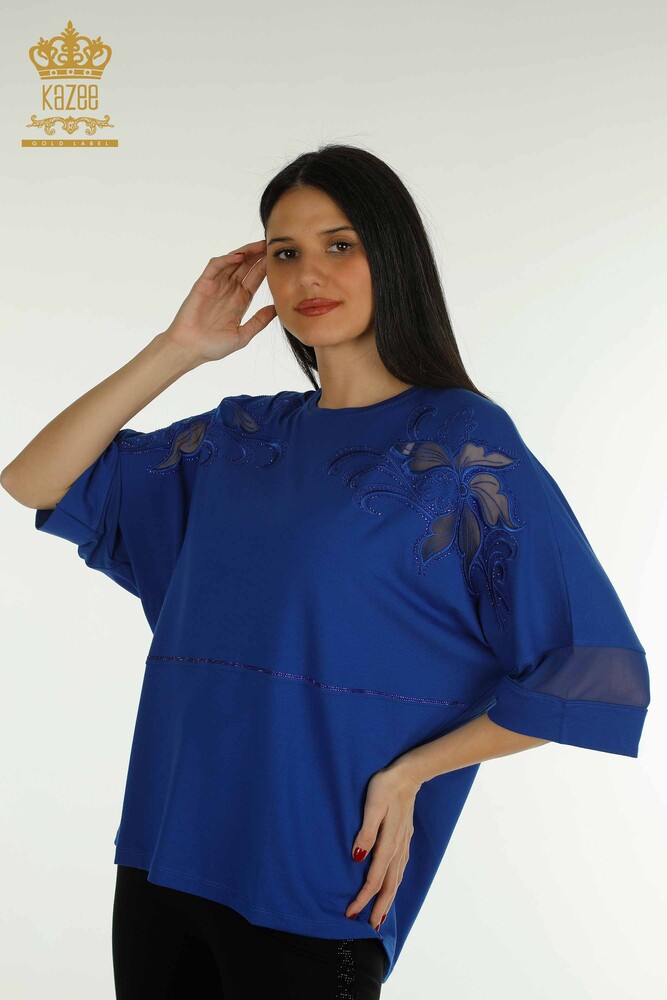 Wholesale Women's Blouse - Stone Embroidered - Saks - 79057 | KAZEE - 1