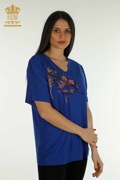 Wholesale Women's Blouse Stone Embroidered Saks - 79107 | KAZEE - Kazee