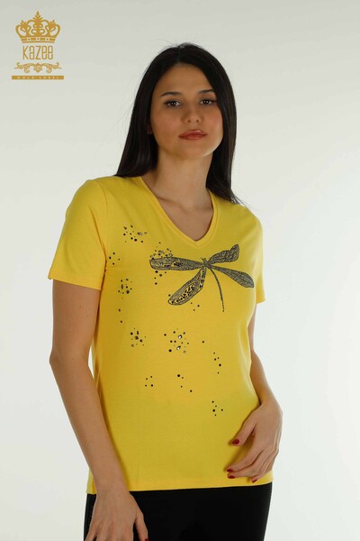 Wholesale Women's Blouse - Stone Embroidered - Yellow - 79362 | KAZEE 