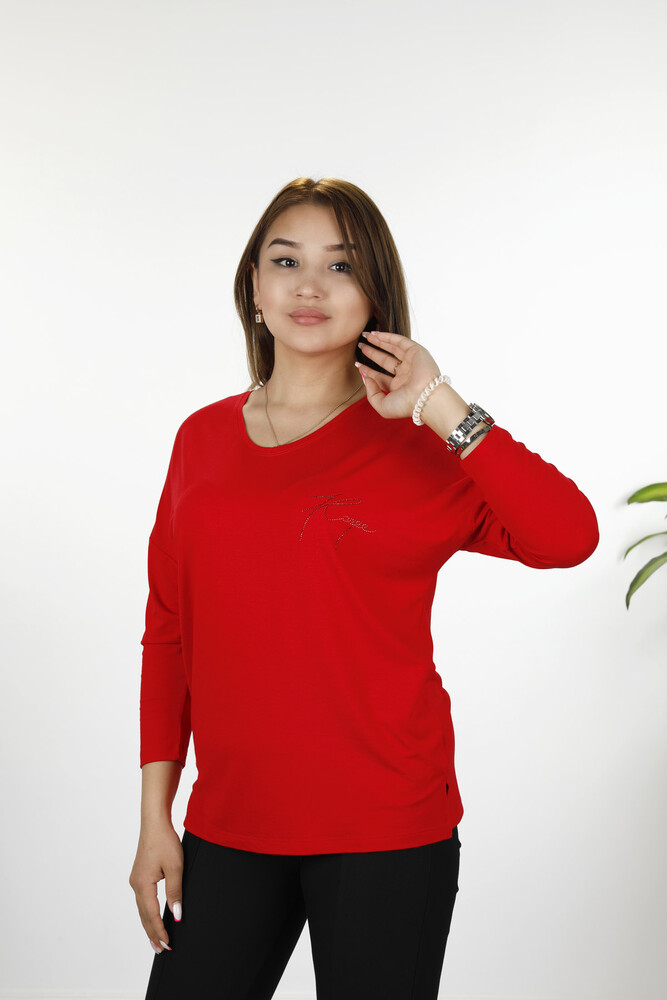 Wholesale Women's Blouses Long Sleeve Crew Neck Lettering - 77962 | KAZEE - 1