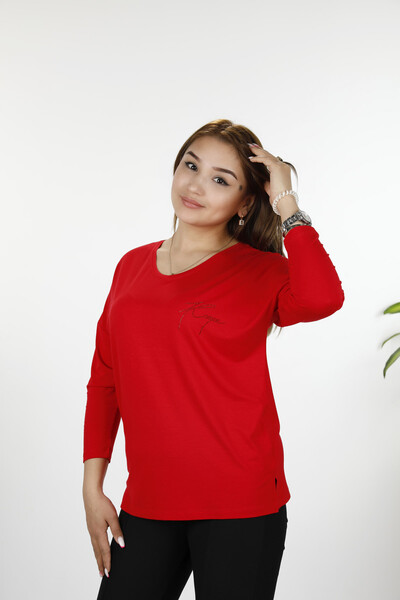 Wholesale Women's Blouses Long Sleeve Crew Neck Lettering - 77962 | KAZEE - 2