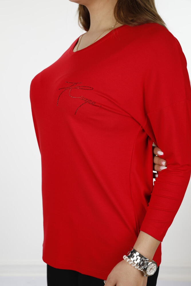 Wholesale Women's Blouses Long Sleeve Crew Neck Lettering - 77962 | KAZEE - 4