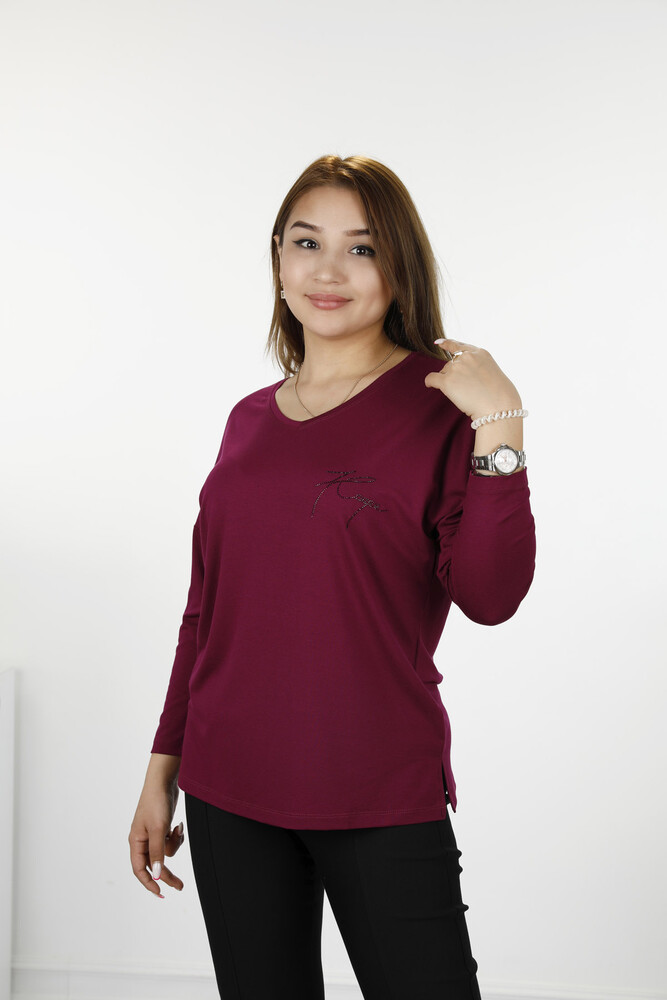 Wholesale Women's Blouses Long Sleeve Crew Neck Lettering - 77962 | KAZEE - 33