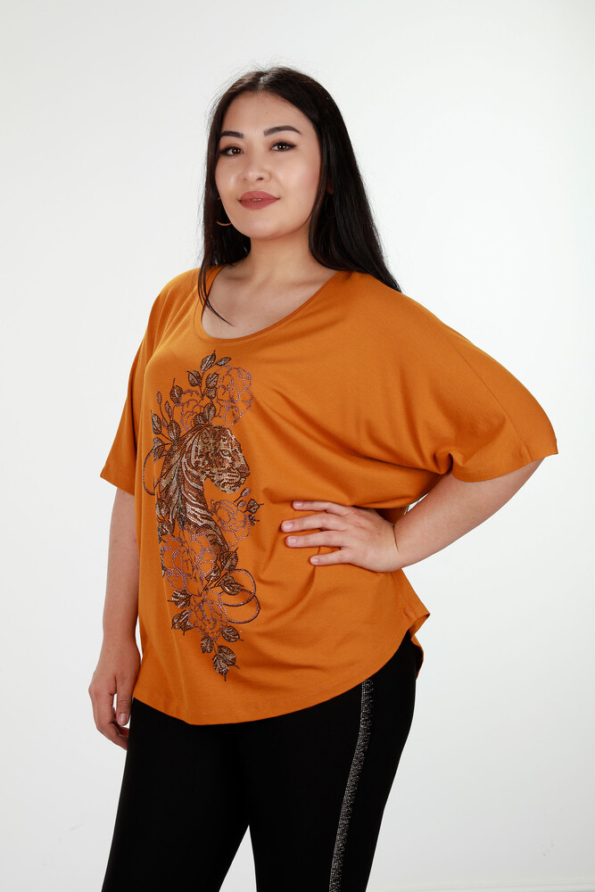 Wholesale Women's Blouse With Tiger and Flower Figured Stones - 78840 | KAZEE - 5