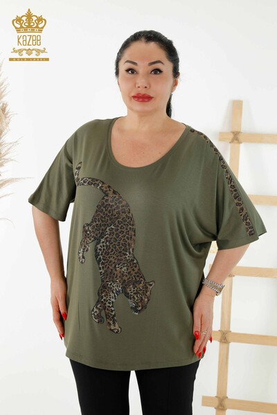 Wholesale Women's Blouse - Tiger Detail - Khaki - 77683 | KAZEE - 1