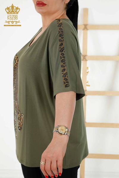 Wholesale Women's Blouse - Tiger Detail - Khaki - 77683 | KAZEE - 5