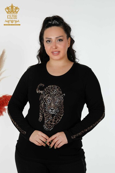 Wholesale Women's Blouse Tiger Pattern Black - 79050 | KAZEE 