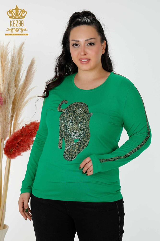 Wholesale Women's Blouse Tiger Pattern Green - 79050 | KAZEE - 1